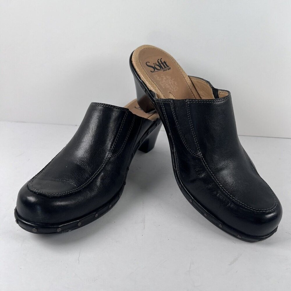 Sofft Black Leather Slip-On Mules Clogs Women's Size 10 M
